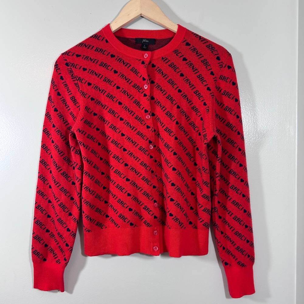 J.Crew Tanti Baci Heart Print Cardigan Red Black Merino Wool Blend Large